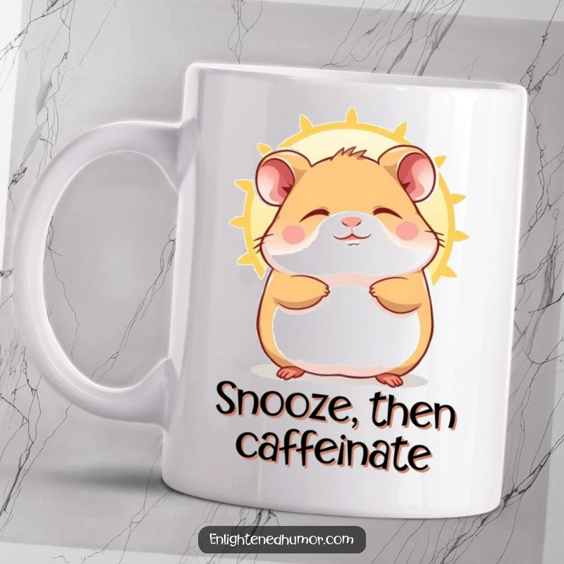 Funny Hamster Mug showing a contented character blissfully closing its eyes while basking in a warm sunbeam, radiating peace.