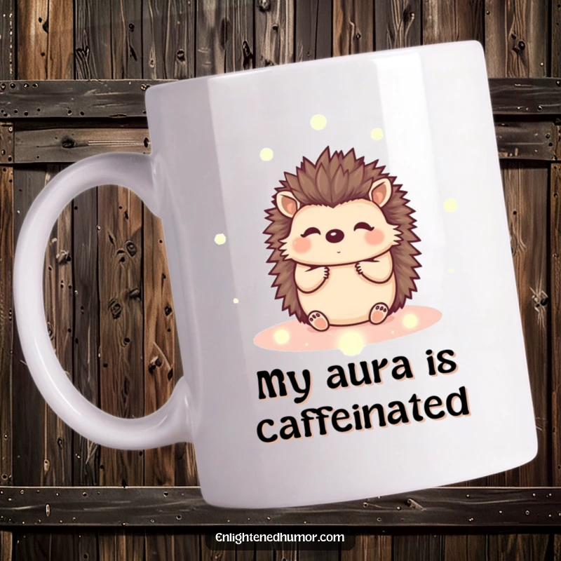 Funny kawaii hedgehog mug with cute creature surrounded by glowing energy orbs, bringing a sense of peace and calm.