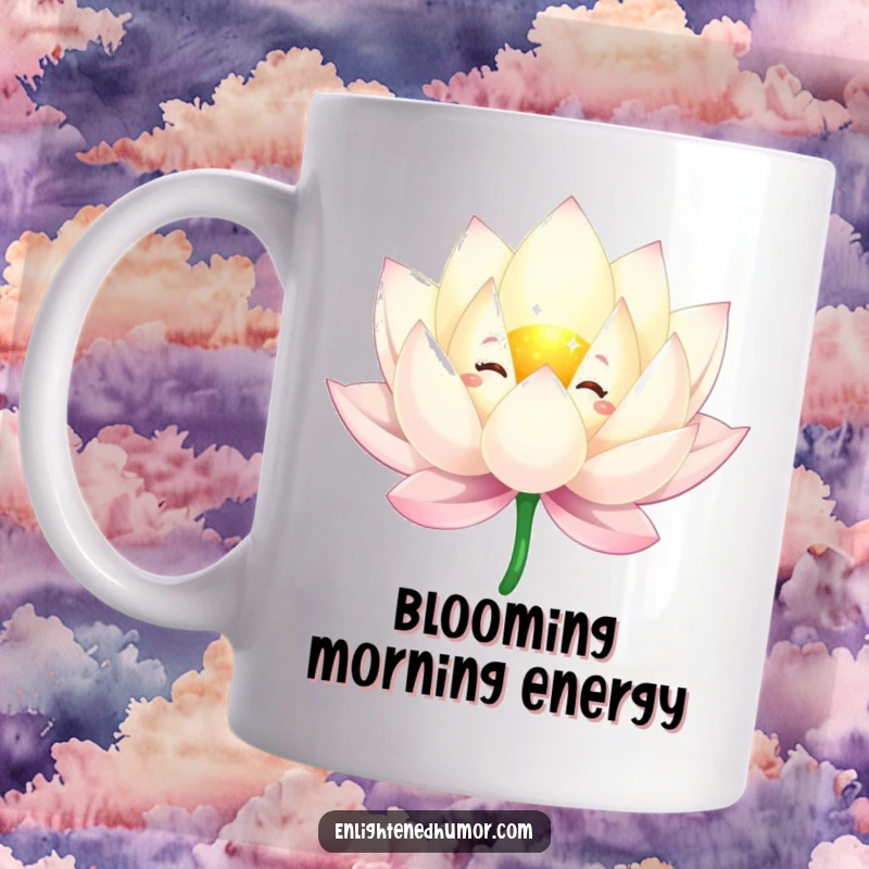 Funny mug featuring a sparkling lotus flower character floating serenely, with beautifully detailed graceful petals.