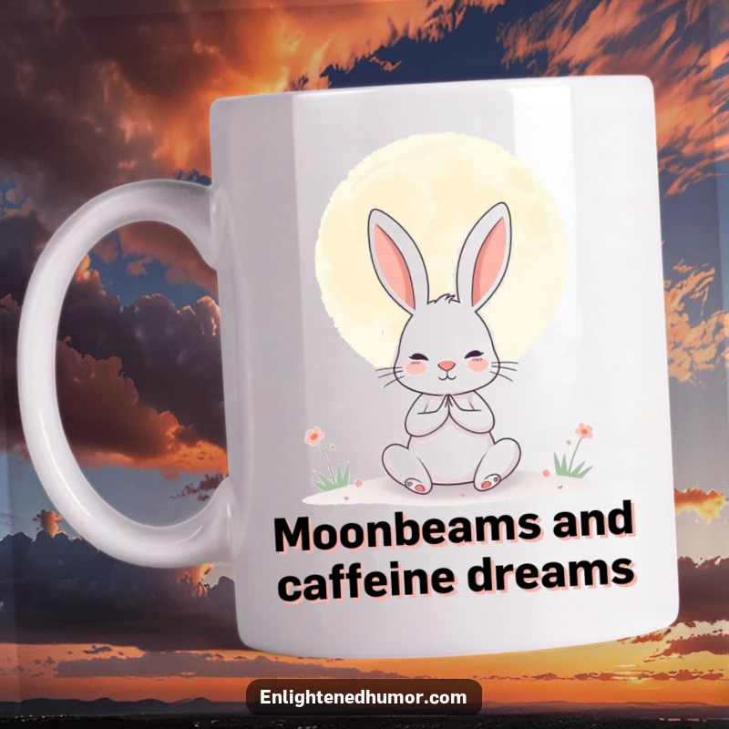 Funny mug featuring a determined rabbit meditating peacefully beneath a giant, serene moon, evoking calm humor.