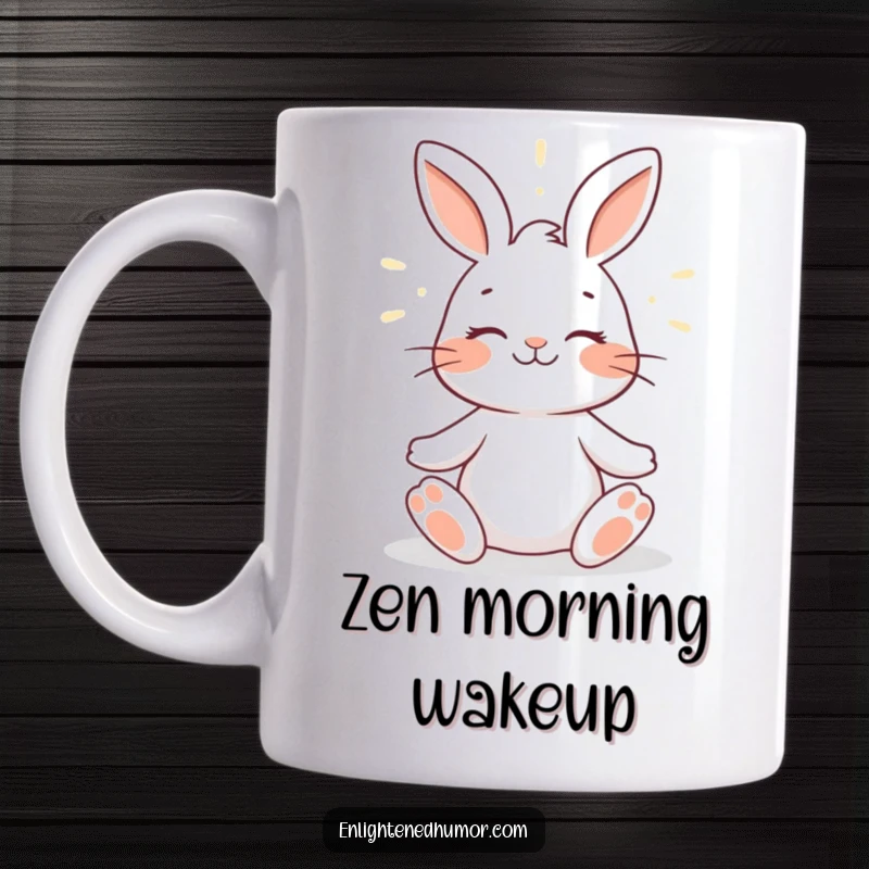 Funny rabbit mug design featuring a smiling rabbit meditating peacefully, adorned with a gentle halo of light, radiating serenity and humor.