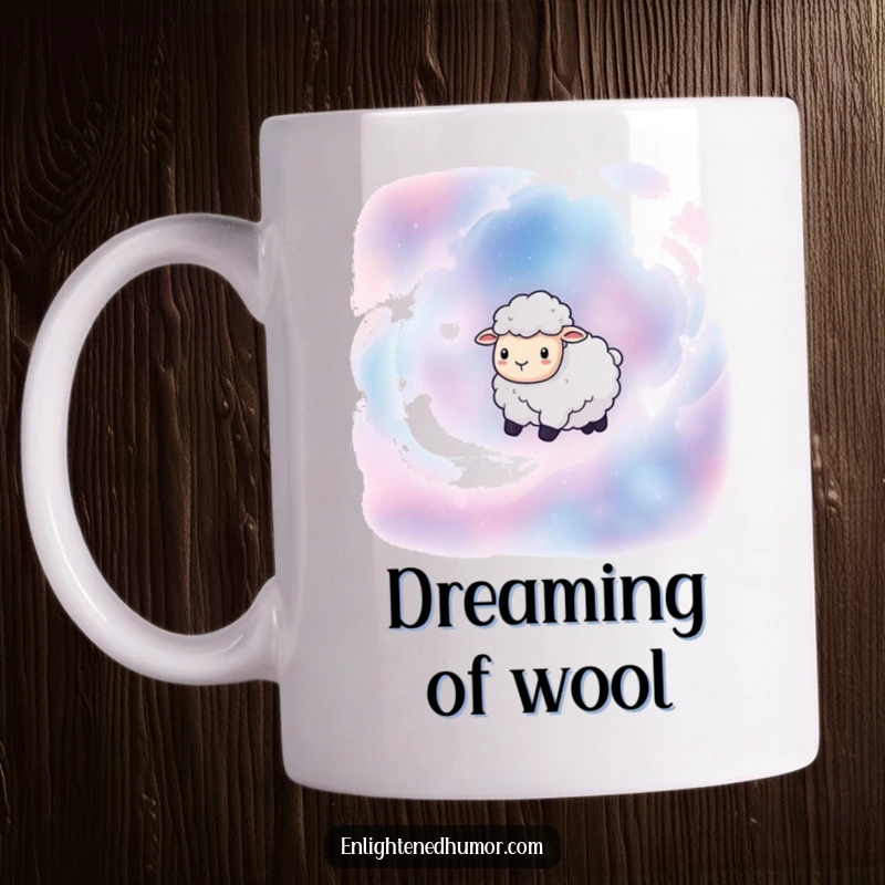 Funny mug featuring a serene sheep floating peacefully among swirling, colorful nebulae, evoking cosmic humor and tranquility.