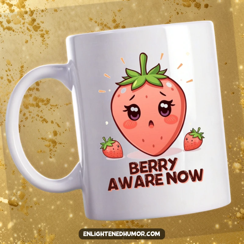 Funny Strawberry Enlightenment Mug showing a surprised strawberry with wide eyes, having a sudden moment of clarity and humor.