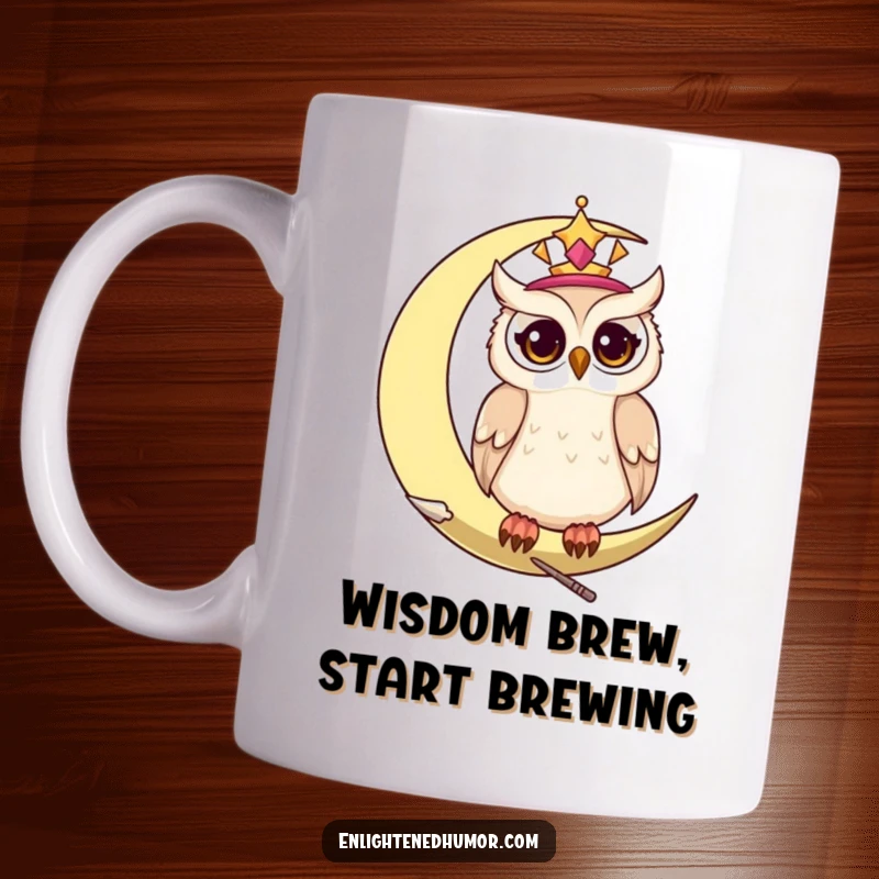 Funny celestial owl mug, perched wisely on a crescent moon with twinkling eyes, observing the cosmos.