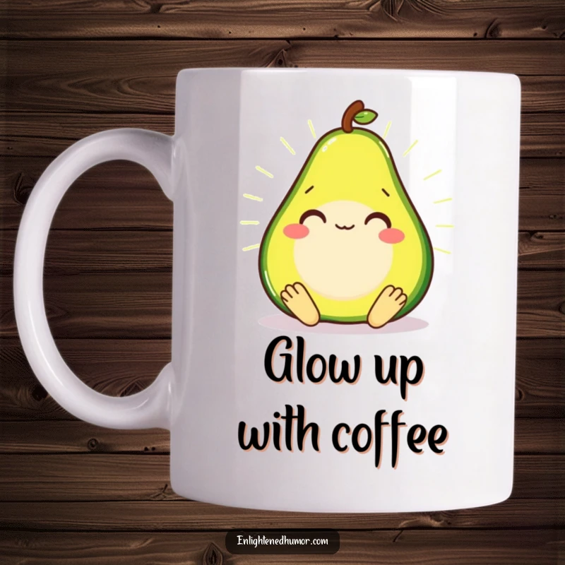 Smiling avocado in a meditative state, radiating a soft glow on a coffee mug.