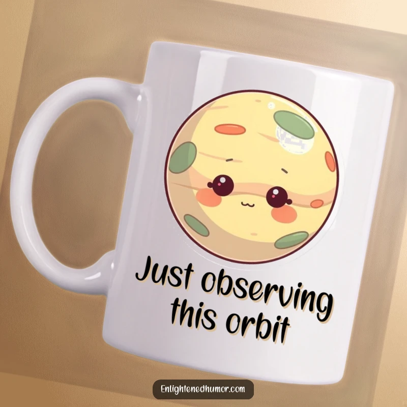Funny curious planet mug featuring a spherical character with a gentle, observant expression, looking around with wonder. Perfect for space lovers.