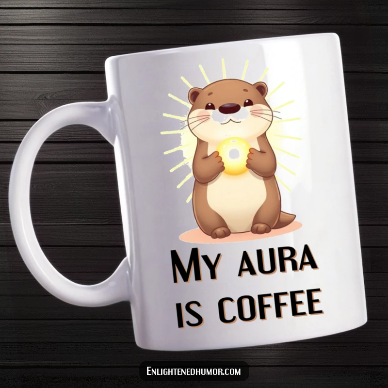 Funny Otter Mug: A radiant otter glows in golden light, holding a mystical orb. Perfect for serene moments.