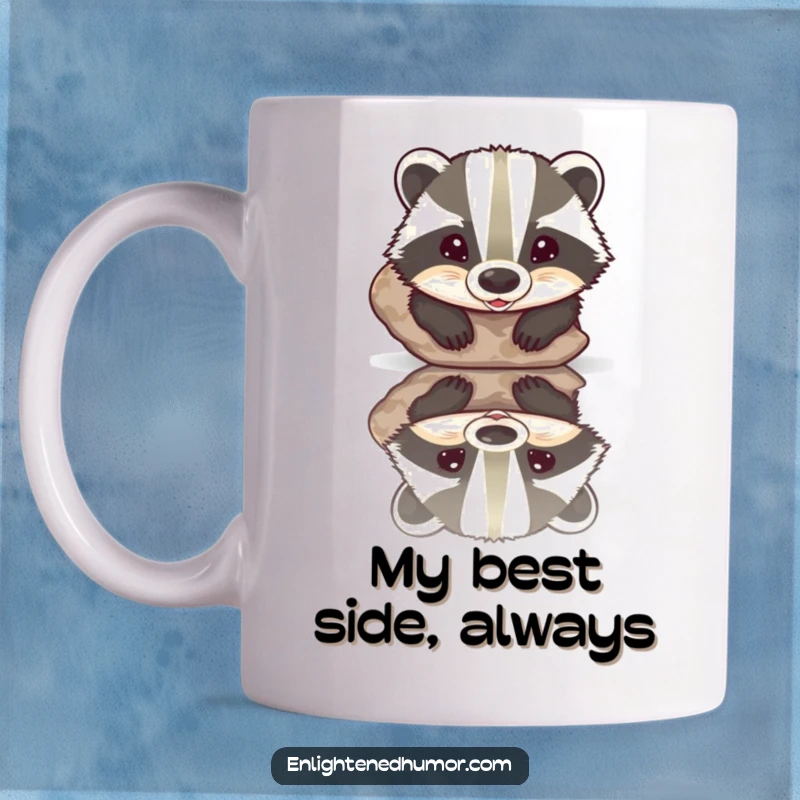 Funny mug featuring a beaming badger looking at its reflection in a smooth, polished stone, embodying humor and mindfulness.
