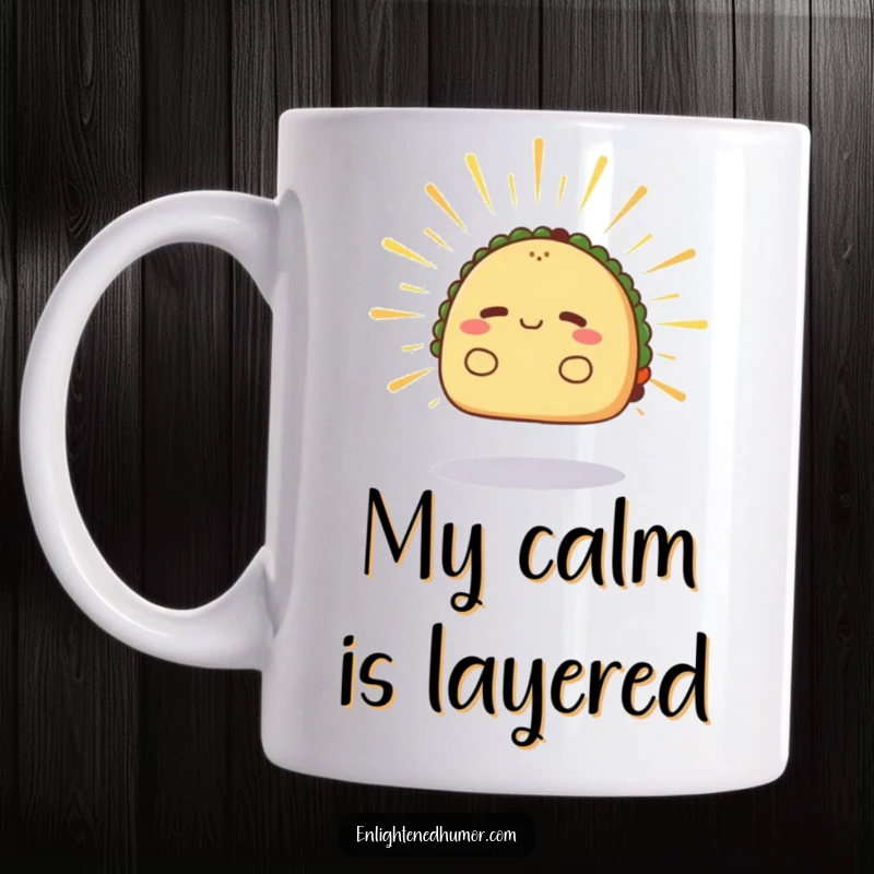 Funny taco mug, radiant, levitating slightly, radiating calm energy, spiritual Mexican food art.
