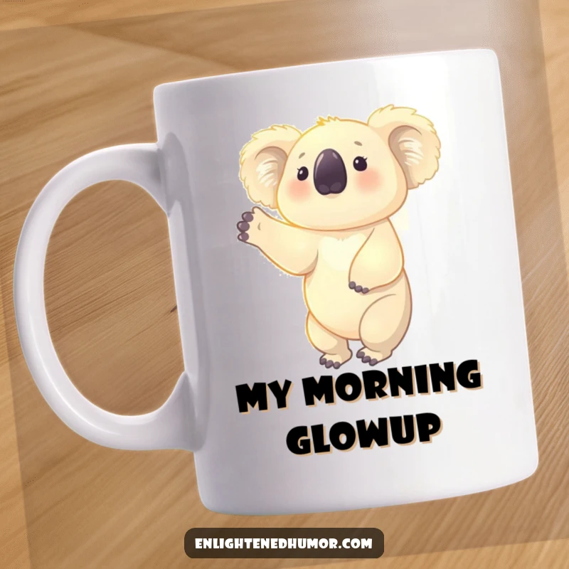 Funny mug featuring a glowing koala reaching upwards, surrounded by a soft aura, symbolizing aspiration and peaceful energy.