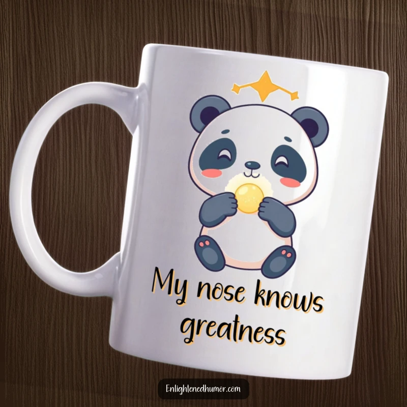 Funny celestial panda mug with a gleeful expression, balancing a glowing orb on its nose, radiating cosmic cuteness and playful energy.