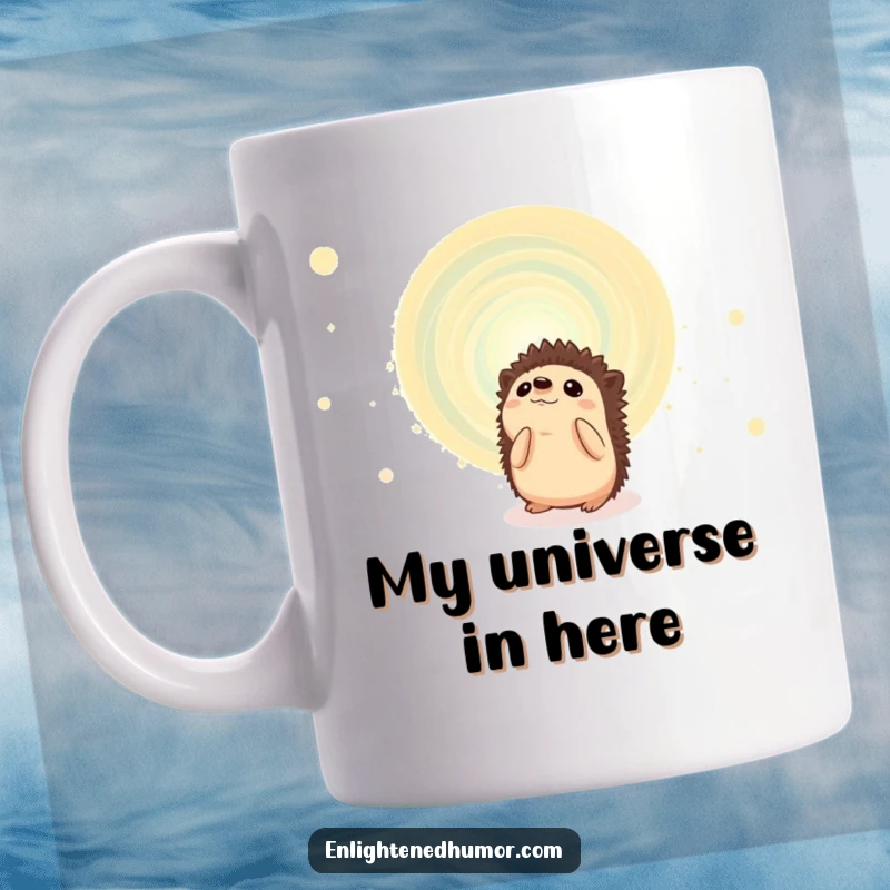 Funny hedgehog mug with a curious expression, gazing at a swirling, vibrant cosmic energy vortex, symbolizing mystery and amusement.