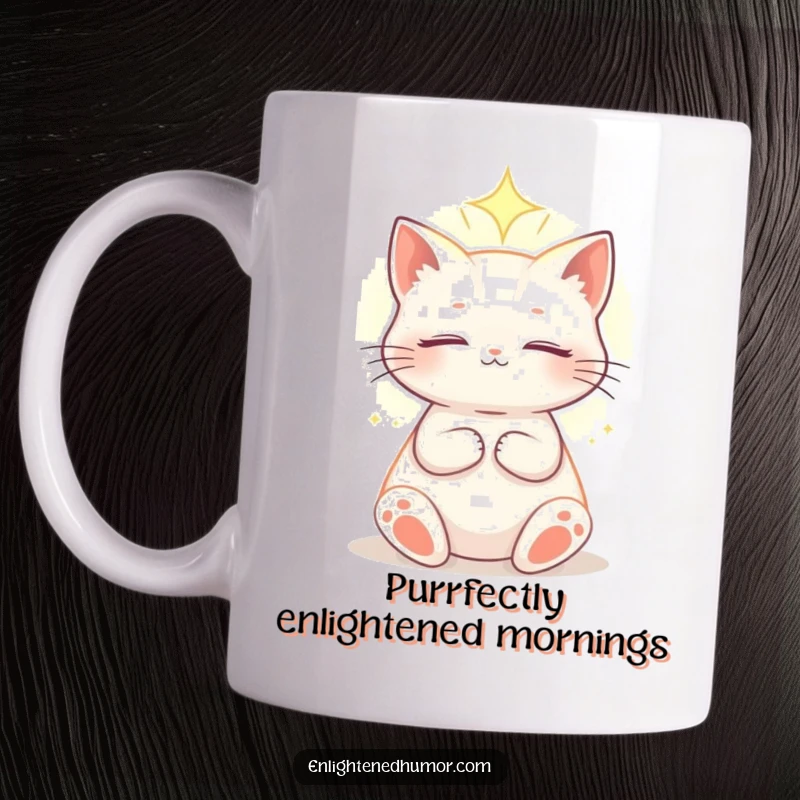 Funny celestial cat mug showing an enlightened cat basking peacefully in a soft, ethereal light, radiating cosmic tranquility and grace.