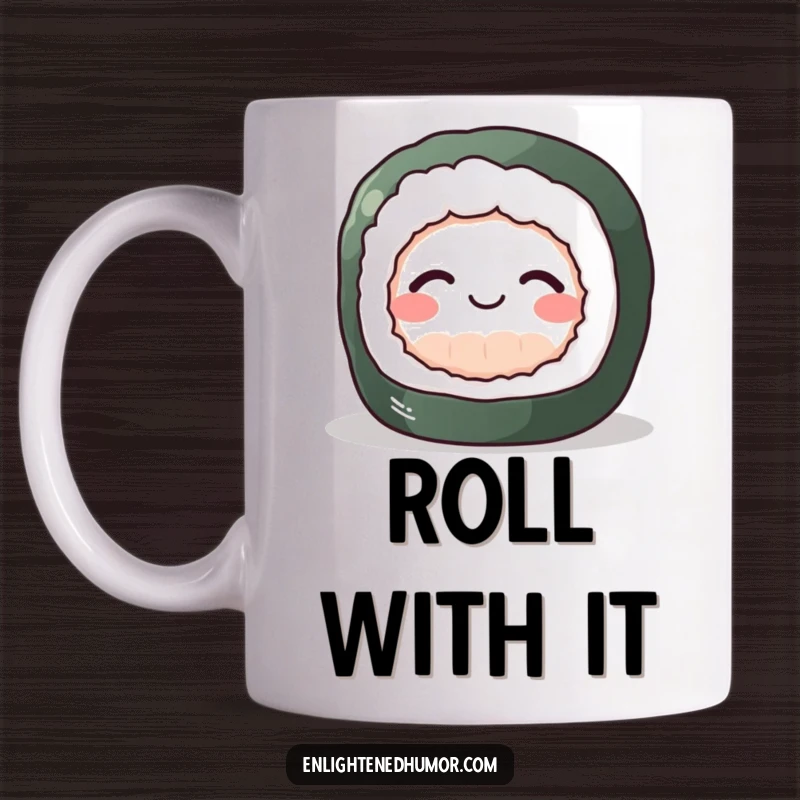 Funny Sushi Zen Mug with a perky sushi roll achieving inner peace, a gentle smile on its face, radiating calm.