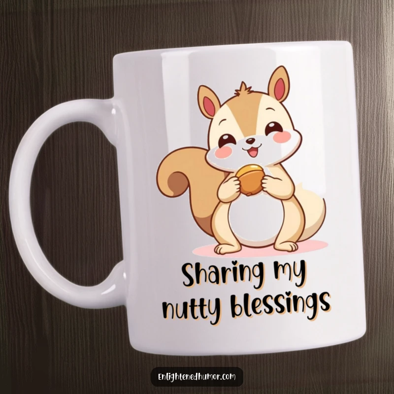 Funny kawaii squirrel mug, happily offering a nut to a floating spiritual symbol, representing generosity and mindful offering.