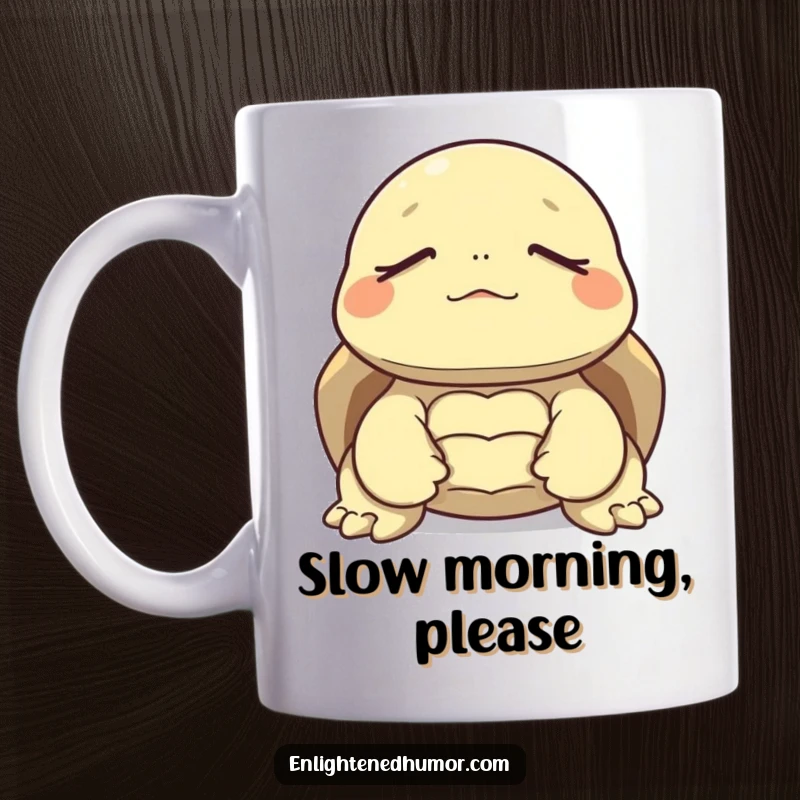 Funny mug featuring a tortoise in deep meditation, eyes closed peacefully, radiating calm and humor.