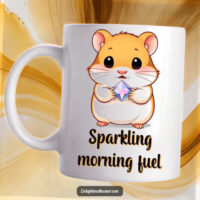 Funny mug featuring a curious hamster holding a tiny, radiant gem, symbolizing discovery and precious moments.