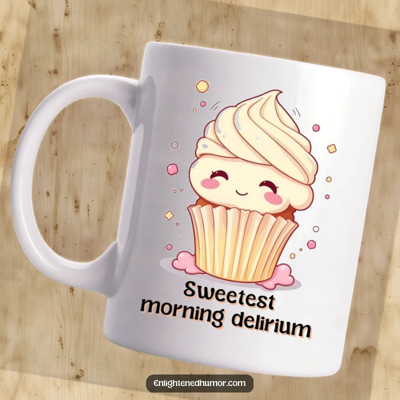 Funny cupcake mug, dissolving into pure bliss, body shimmering, sweet ecstatic moment, humorous gift.
