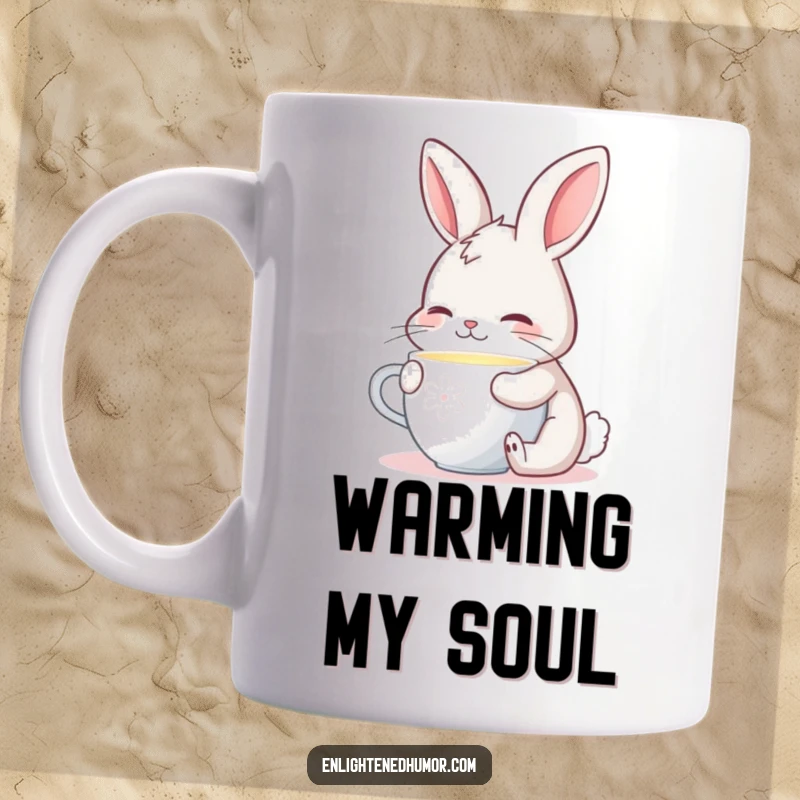 Funny mug featuring a contented bunny peacefully sipping from a cup that emits a soft, warm, inviting glow.