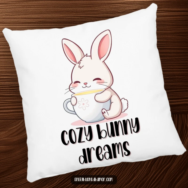 Funny pillow showcasing a contented bunny enjoying a drink from a cup radiating a soft, warm, captivating glow.