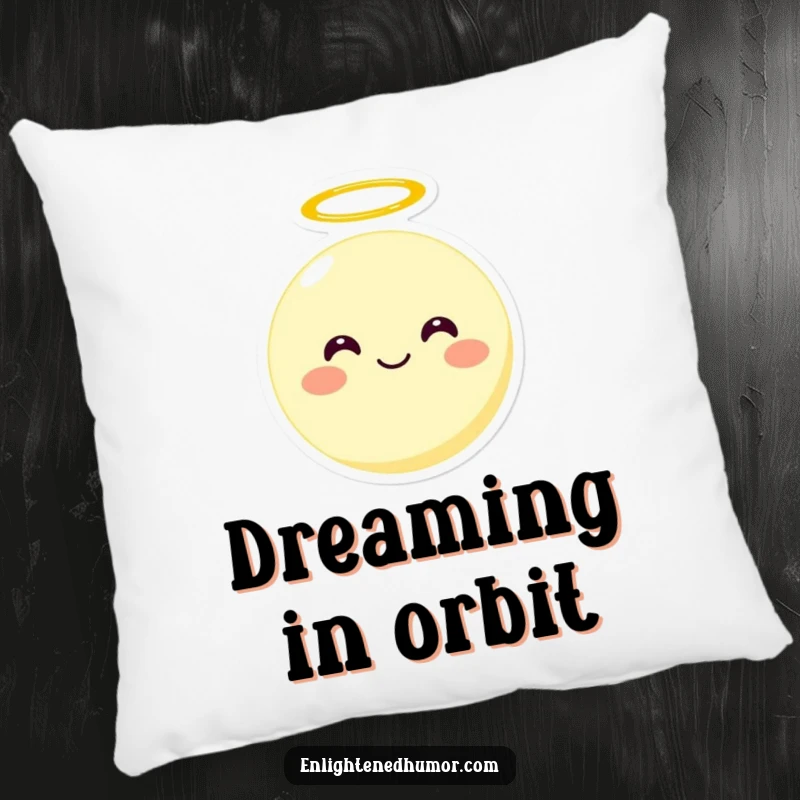Funny smiling round moon character with a halo on a pillow, floating upwards, soft and decorative funny item.