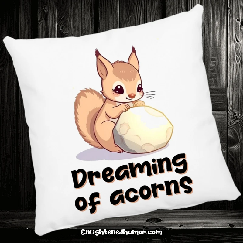 Funny celestial squirrel pillow featuring a curious squirrel contemplating a glowing stone, offering comfort and a sense of cosmic mystery.