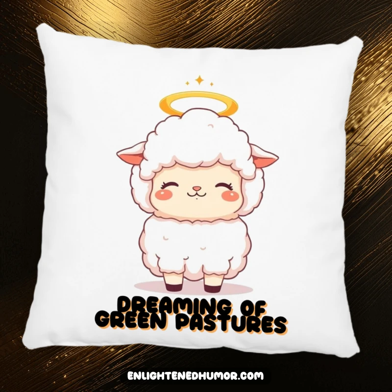 Funny fluffy kawaii sheep pillow with a halo, its head bobbing in contemplative bliss, offering soft comfort and angelic humor.