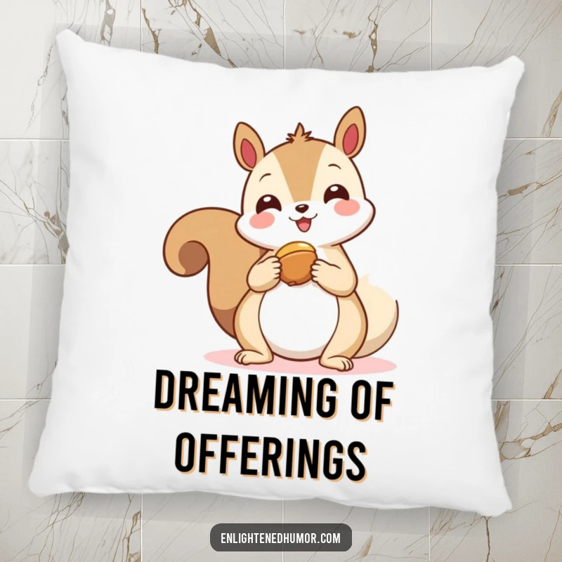 Funny kawaii squirrel spirit pillow, a happy squirrel offering a nut to a floating spiritual symbol, offering comfort and peace.