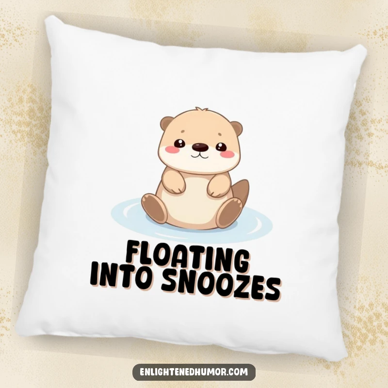 Funny tiny kawaii otter pillow with a serene character floating on its back in light, offering soft comfort and calming humor.