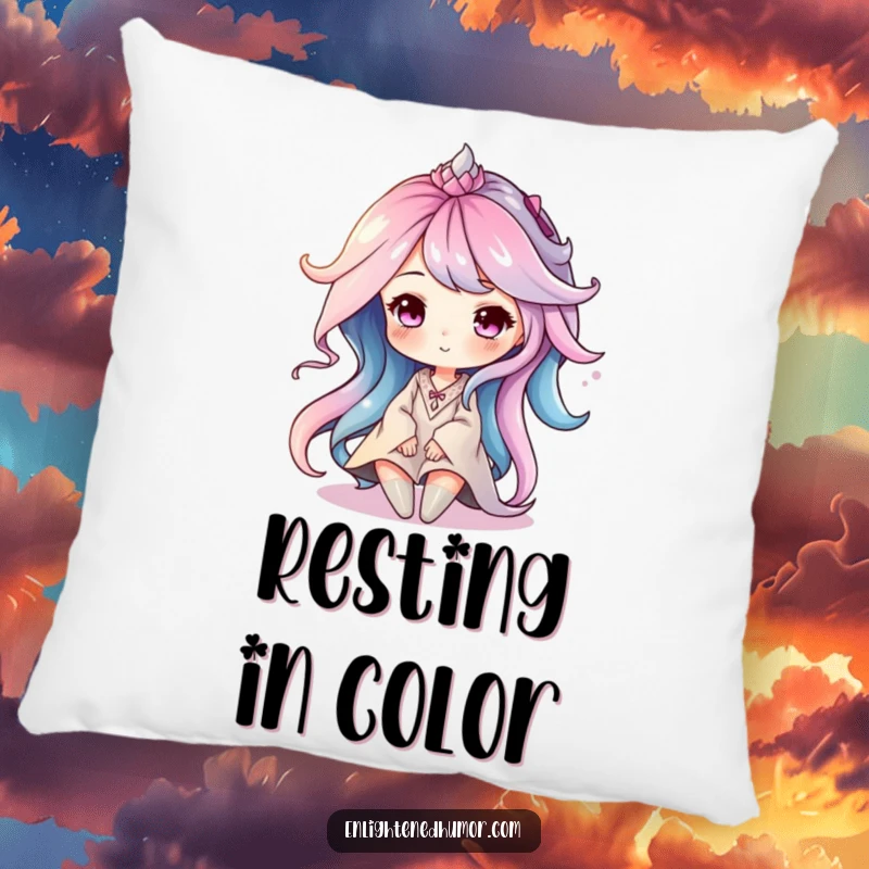 Funny pillow featuring a serene aura character made of soft, swirling colors, offering comfort and a tranquil touch.
