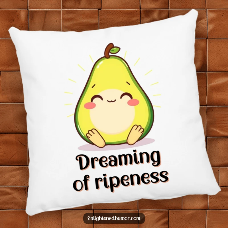 Soft smiling avocado in a meditative state, radiating a soft glow on a comfortable pillow.