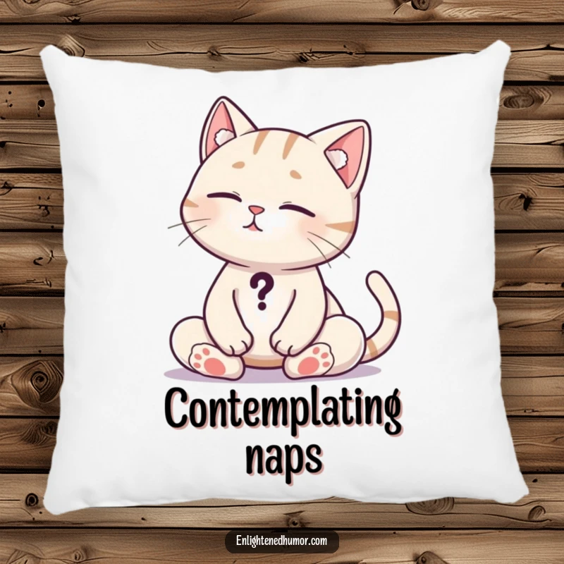 Funny Cat Pillow: Soft pillow with a meditating cat, tail a question mark, ideal for cozy contemplation. Excellent funny gift.