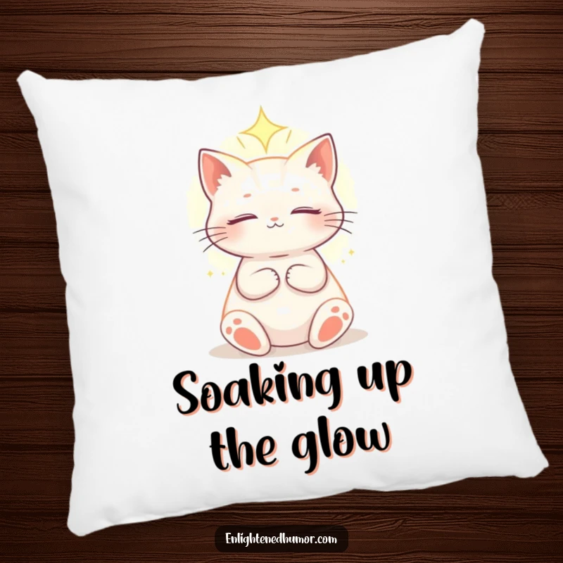 Funny celestial cat pillow featuring an enlightened cat basking in a soft, ethereal light, offering serene comfort and cosmic inspiration.