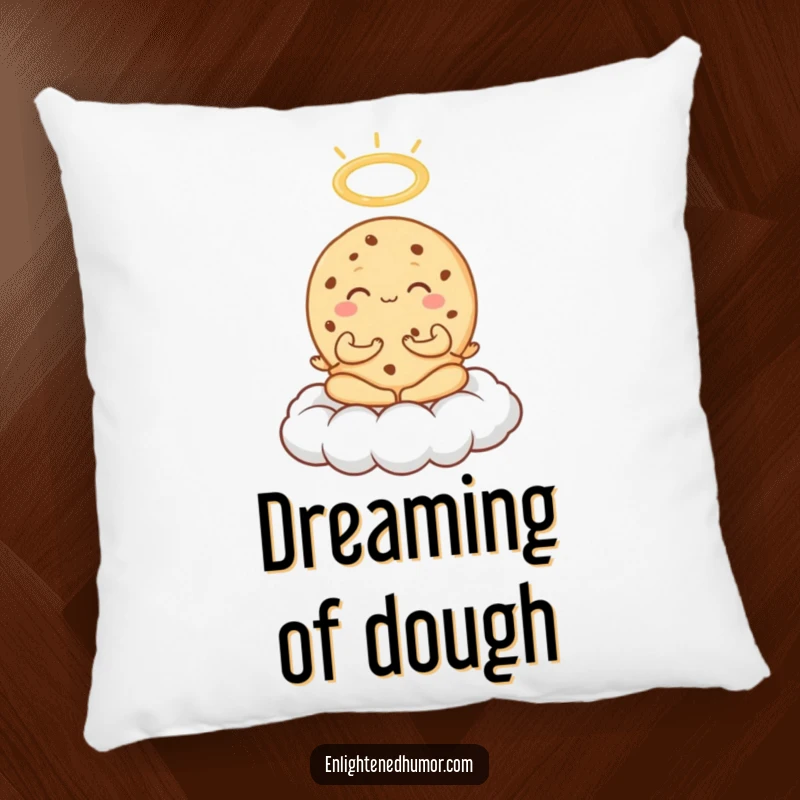 Funny Cookie Meditation Pillow displaying an exuberant cookie meditating on a cloud with a halo, offering sweet, humorous comfort.