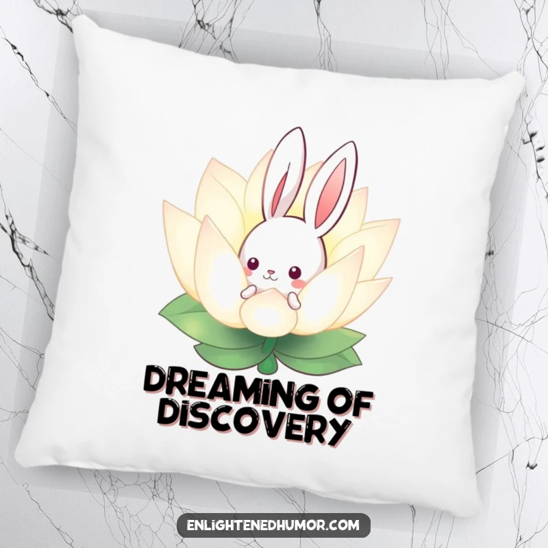 Funny pillow featuring a curious bunny peeking from behind a glowing lotus flower, offering serene comfort and whimsical appeal.