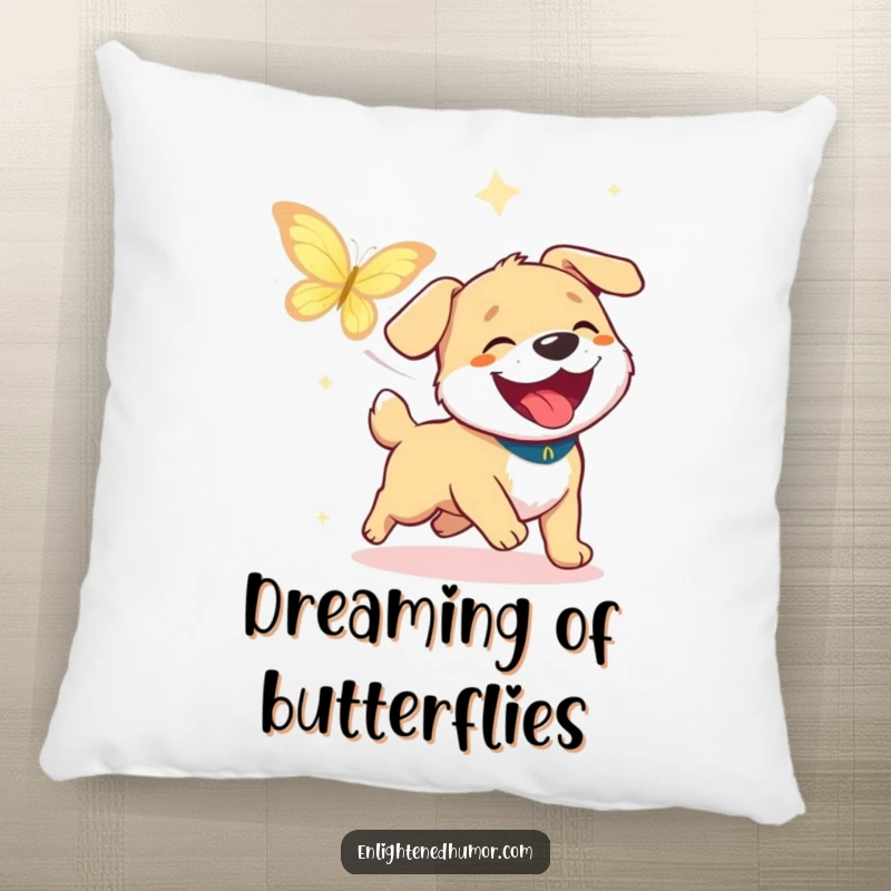 Funny Dog Joy Pillow: Soft pillow with a happy dog chasing enlightenment, radiating pure joy. Excellent funny gift.