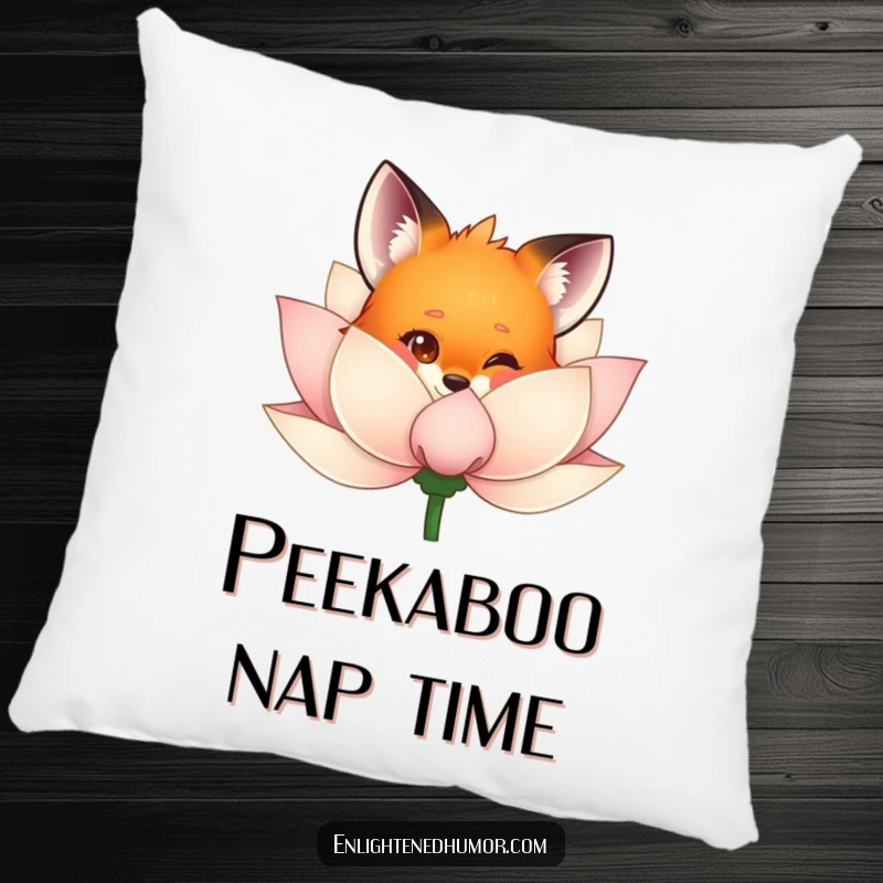 Funny fox pillow design showcasing a curious fox peeking from behind a shimmering lotus flower, evoking comfort and playful charm.