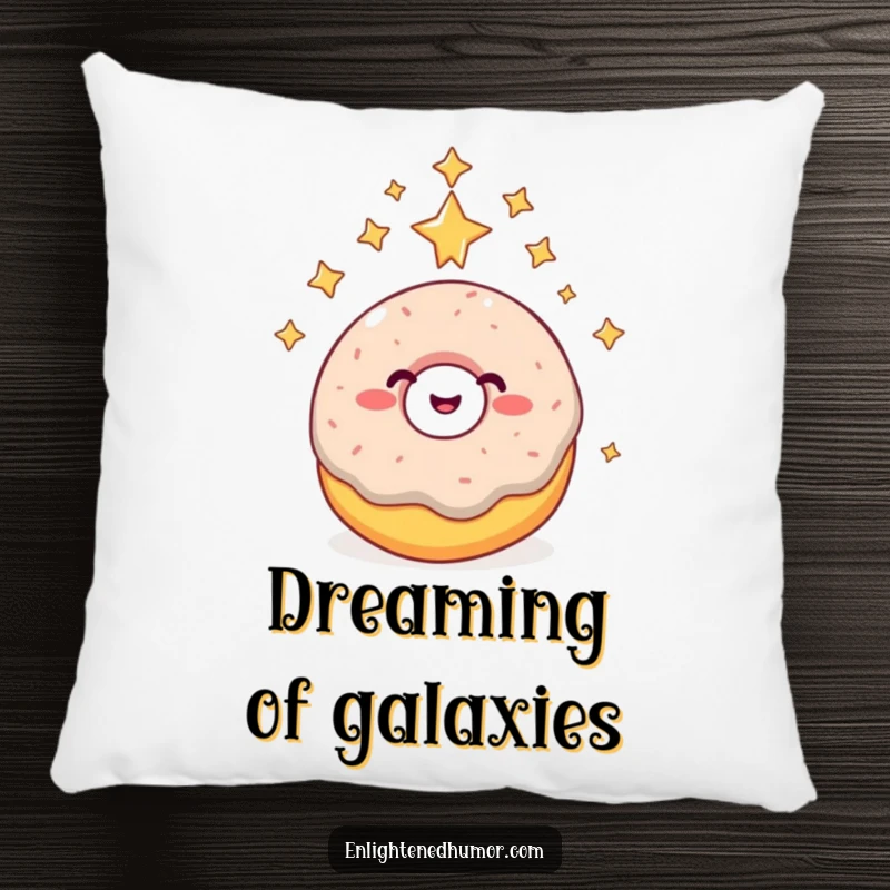 Funny donut pillow, giggling, reaching higher consciousness, surrounded by stars, decorative cosmic cushion.