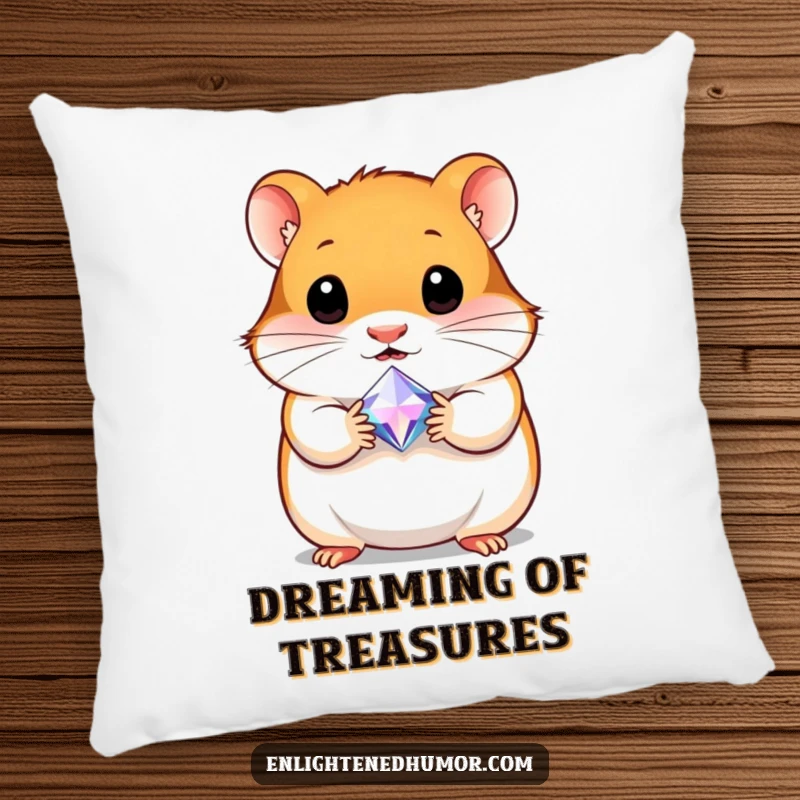 Funny pillow featuring a curious hamster holding a tiny, radiant gem, offering comfort and a charming, treasure-themed decorative accent.