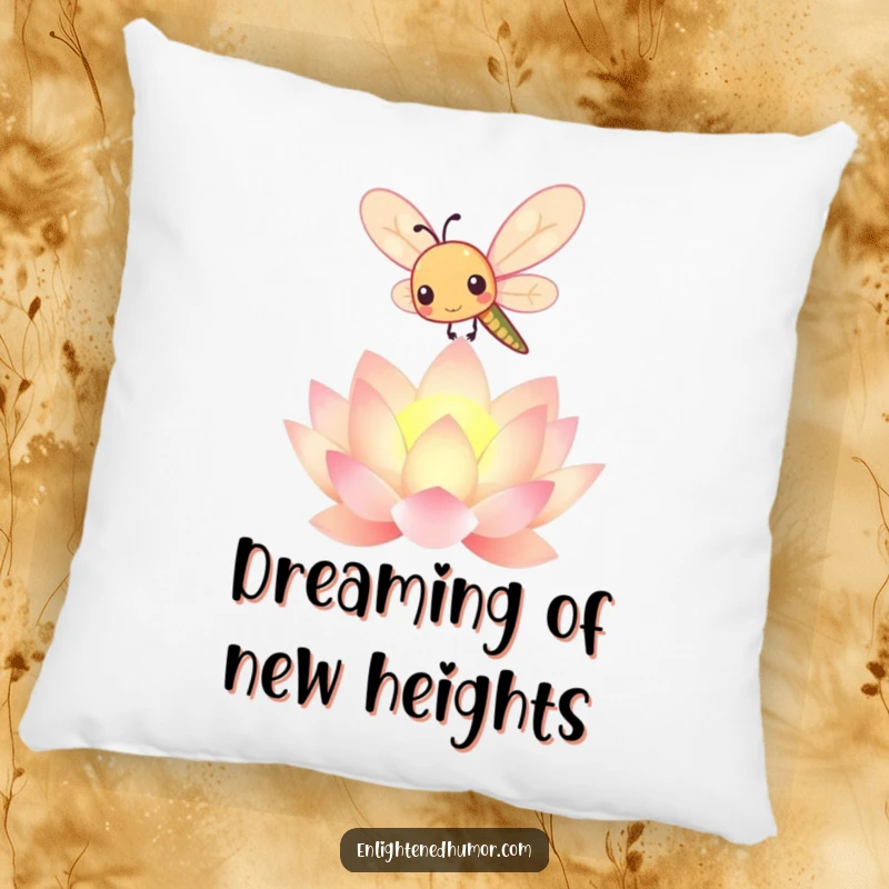 Funny kawaii dragonfly pillow showcasing a cute insect and glowing lotus, adding a touch of peaceful charm to home decor.