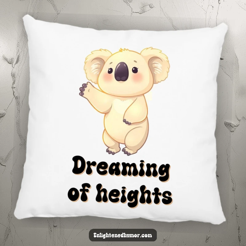 Funny pillow featuring a glowing koala reaching upwards, surrounded by a faint aura, offering comfort and serene decorative charm.