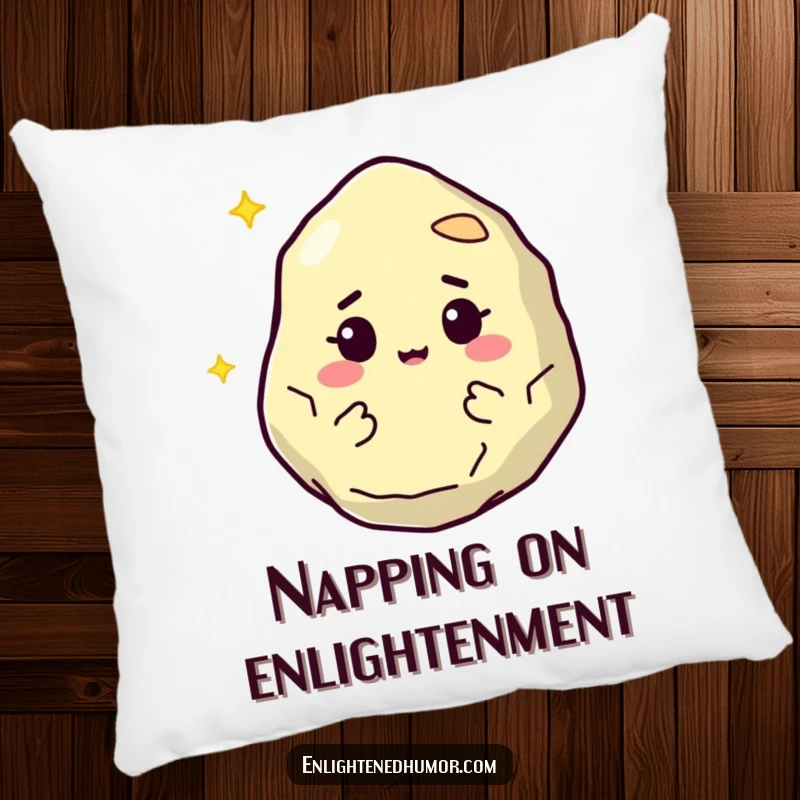 Funny pillow featuring a wise, floating philosopher stone character with a knowing twinkle, offering soft comfort and intellectual humor.