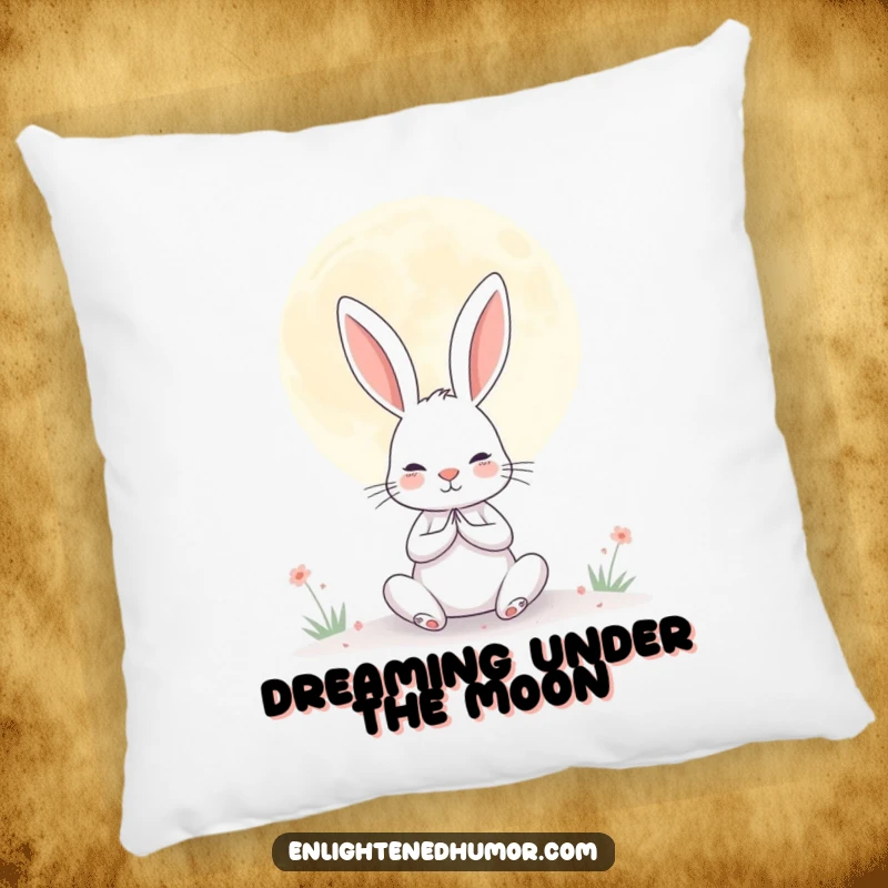 Funny pillow featuring a determined rabbit meditating under a giant, serene moon, offering humorous softness and tranquil comfort.