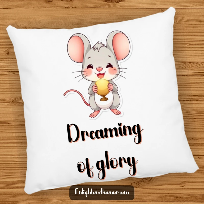 Funny pillow featuring a cheerful mouse character holding a radiant orb, providing comfort and a delightful splash of humor.