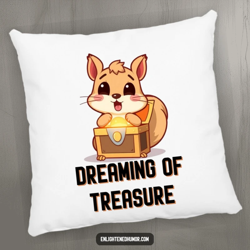 Funny squirrel pillow design showcasing a surprised squirrel discovering a glowing treasure chest, evoking excitement and cozy comfort.