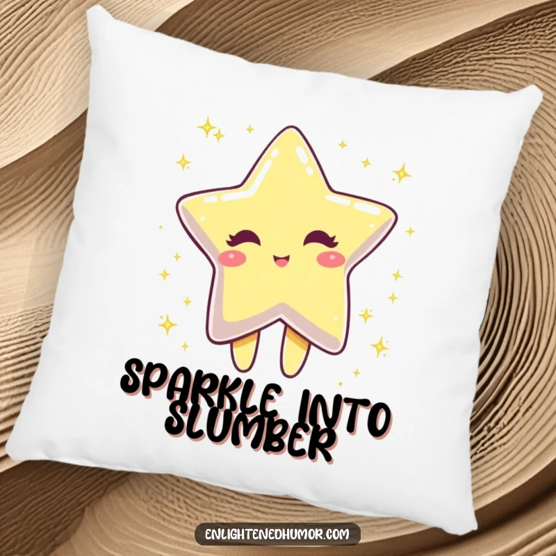 Funny winking star character on a pillow, dissolving into sparkling dust, soft and decorative funny item.