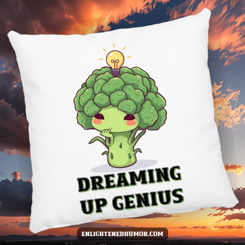 Funny broccoli pillow, thoughtful, deep in thought, tiny lightbulb above, cozy smart cushion.