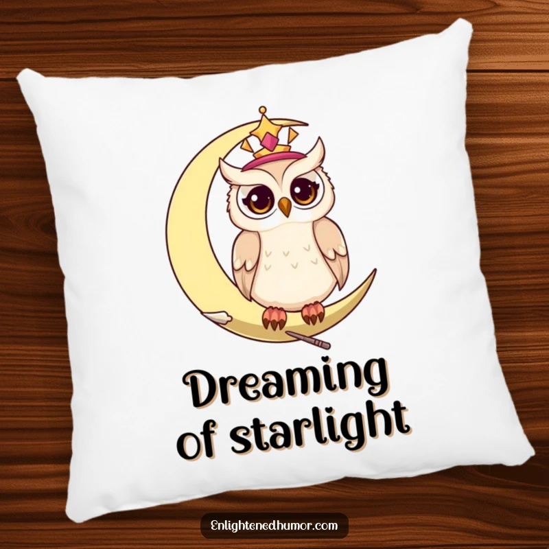 Funny celestial owl pillow, depicting a wise owl on a crescent moon with twinkling eyes, for comfort.