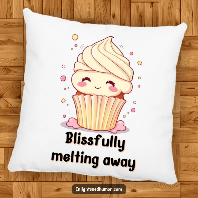 Funny cupcake pillow, dissolving into pure bliss, body shimmering, soft sweet comfort, humorous cushion.
