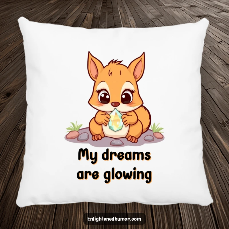 Funny Squirrel Pillow: Soft pillow featuring a surprised squirrel with wide eyes discovering a glowing crystal. Perfect for cozying up.